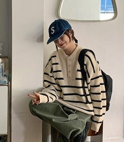 Altu Henley Neck Stripe Knit